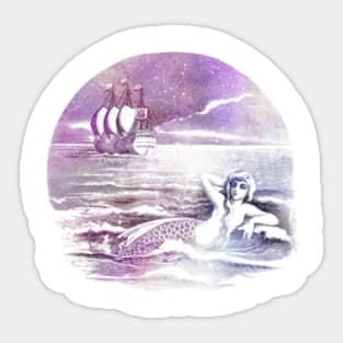 Siren And Ship In Amethyst Sticker